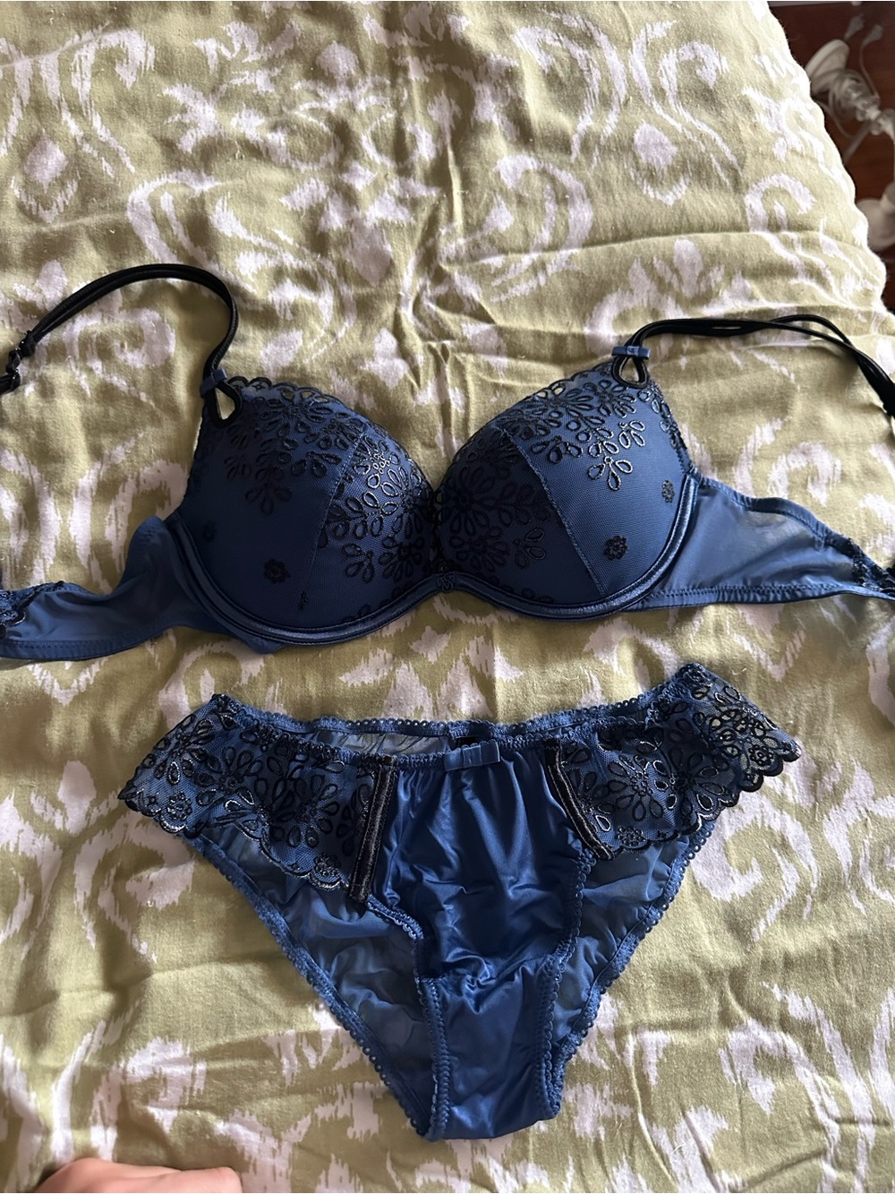 Victoria's Secret Navy Blue Embroidered Push-Up Bra & Bikini Set